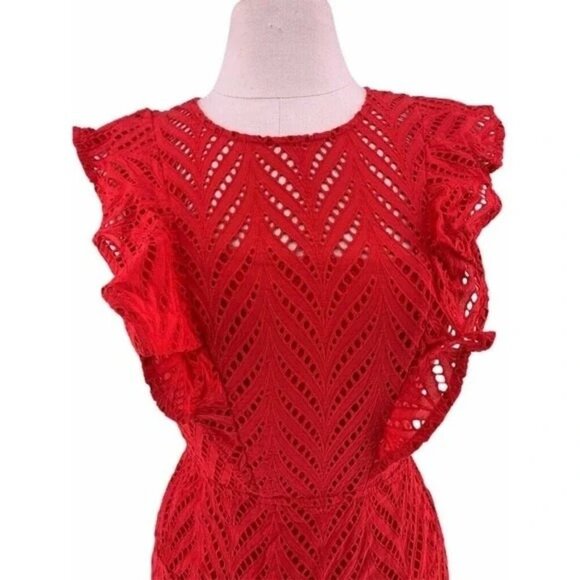 Bardot Kira Red Eyelet Fit & Flare Ruffle Sleeveless Dress - Picture 5 of 8
